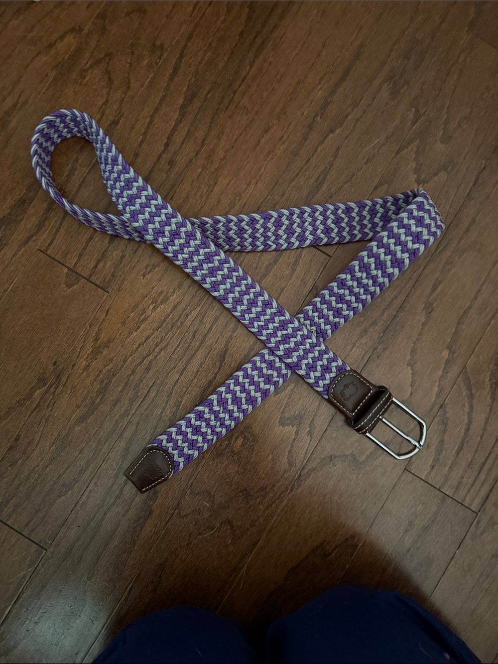 Purple and White Braided Stretch Belt with Brown Leather Trim